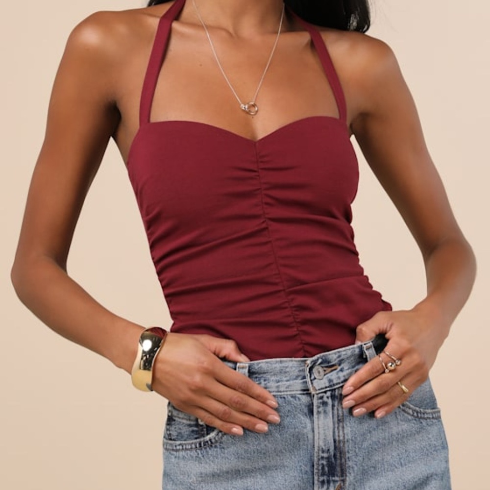Lulus Ikuye Burgundy Ruched Halter Top Red - Size M